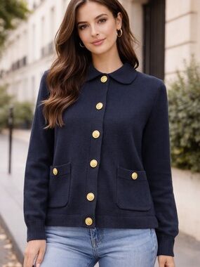 H&M Navy Blue Knit Cardigan with Gold Buttons